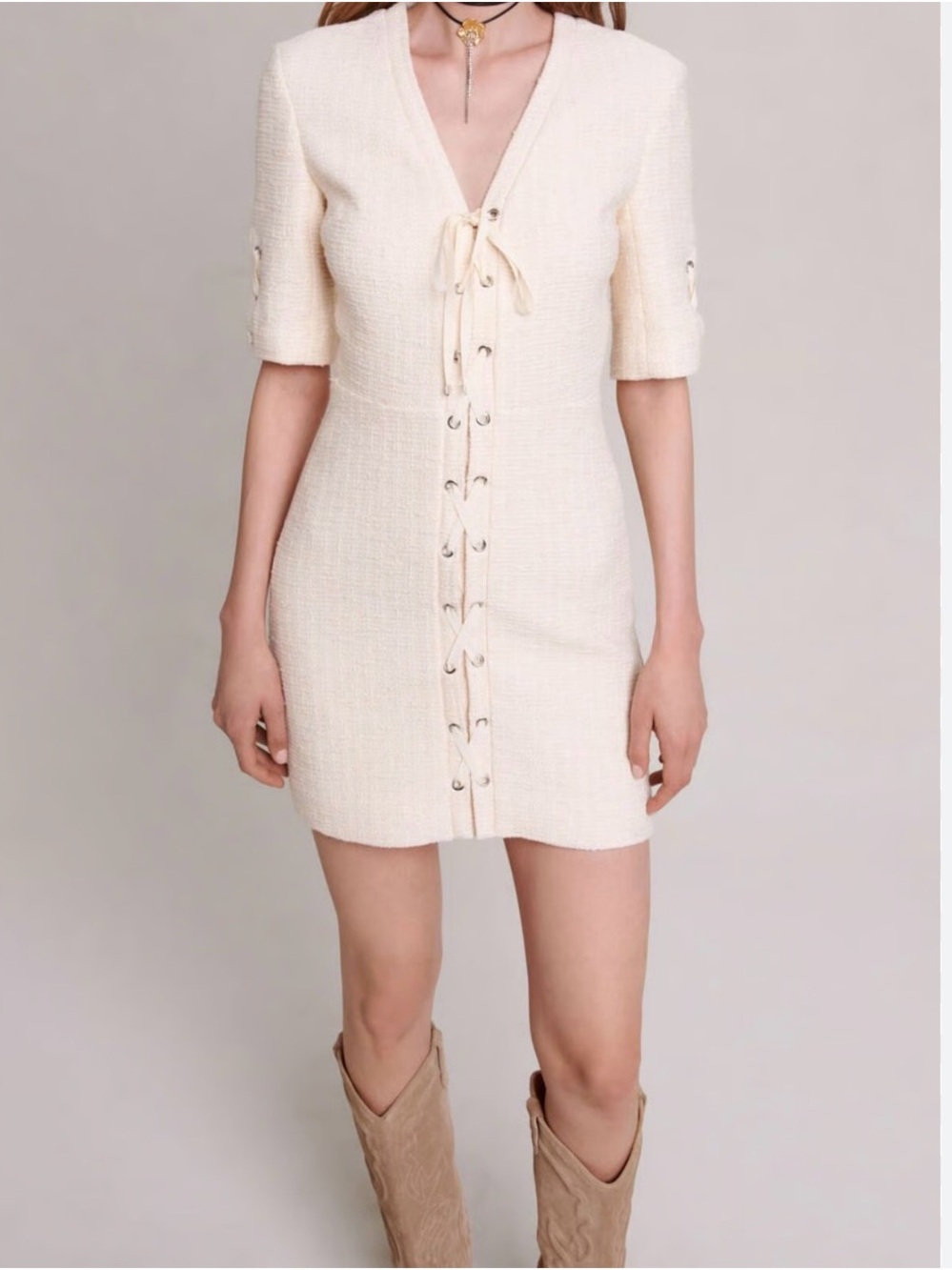 Maje Cream Lace-Up Tweed Mini Dress with FLAW